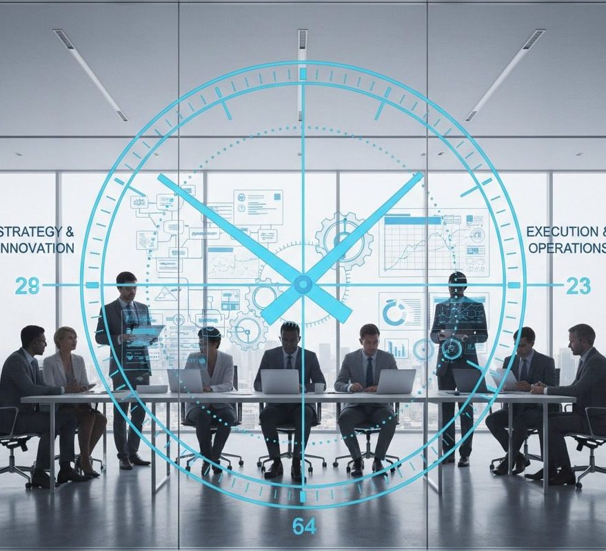 A team of professionals sits around a conference table in a glass-walled office with a large digital clock overlay displaying business metrics and the text "Global Business Cycle - Q3 2024."